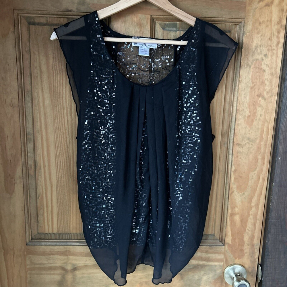 Imaginary Voyage Womens Silver Sequin Sheer Blk Sleeveless Top Sz S Poly/acrylic